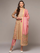 Women Cream Pure Cotton Printed Flared Suit Set VKSKD1966